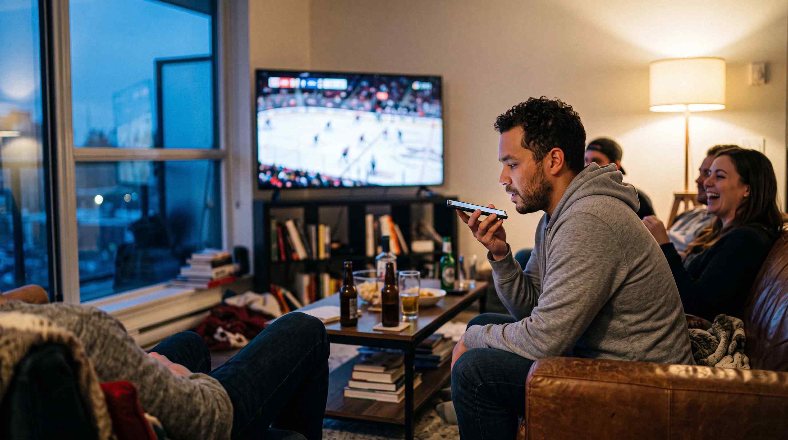 A fan talking to his AI assistant on his phone while watching a game.